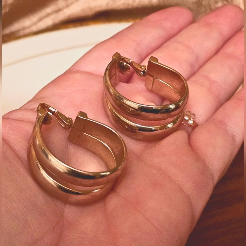Vintage Bergere Silver Chunky Double Hoop Clip Earrings E1P62 - Picture 6 of 7